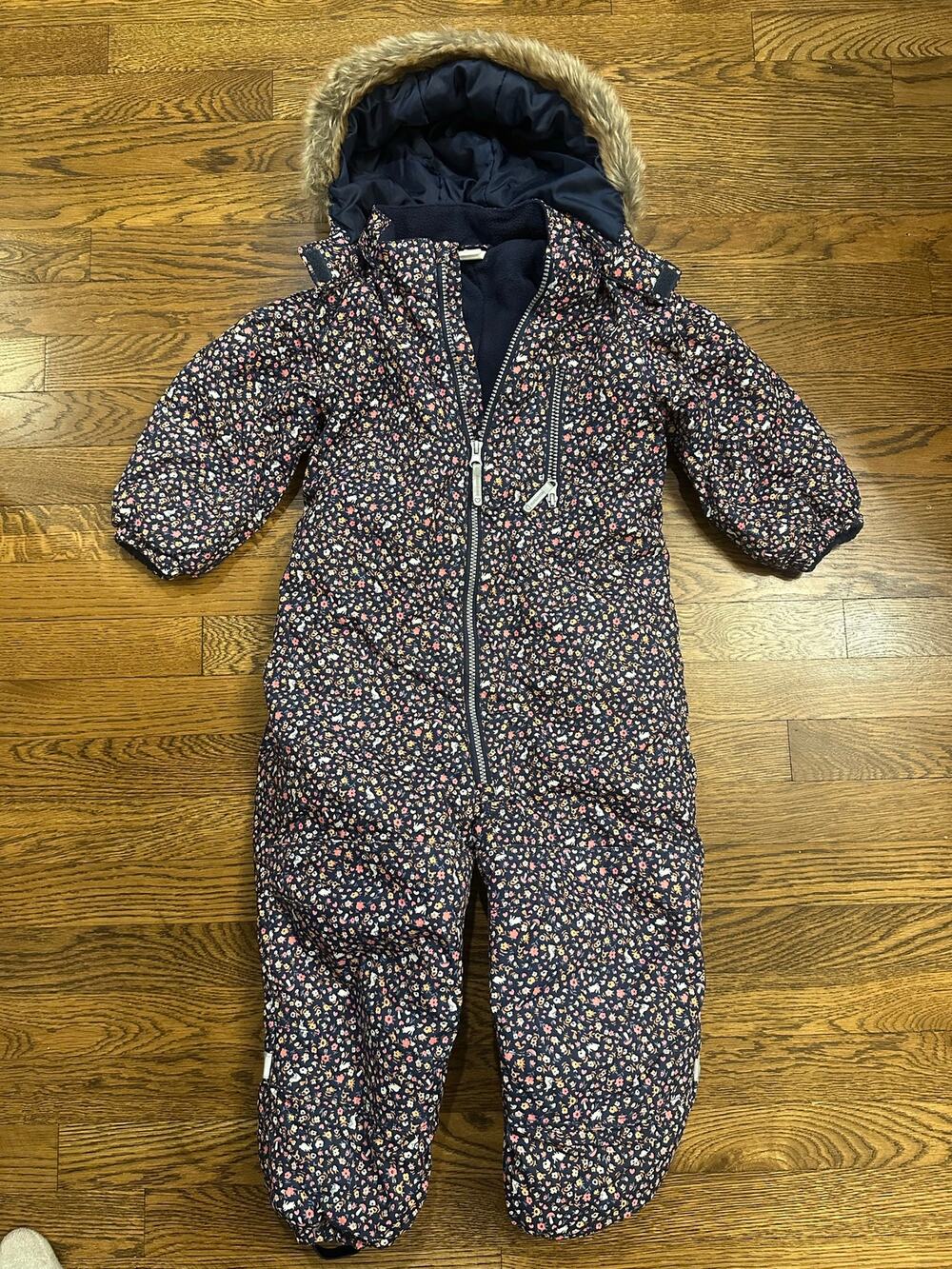 H&M Floral One-Piece Snowsuit Fleece Lined Navy Blue 4T Faux Fur Hood